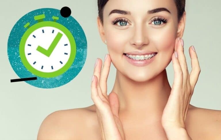 Woman covering metal braces and a timer